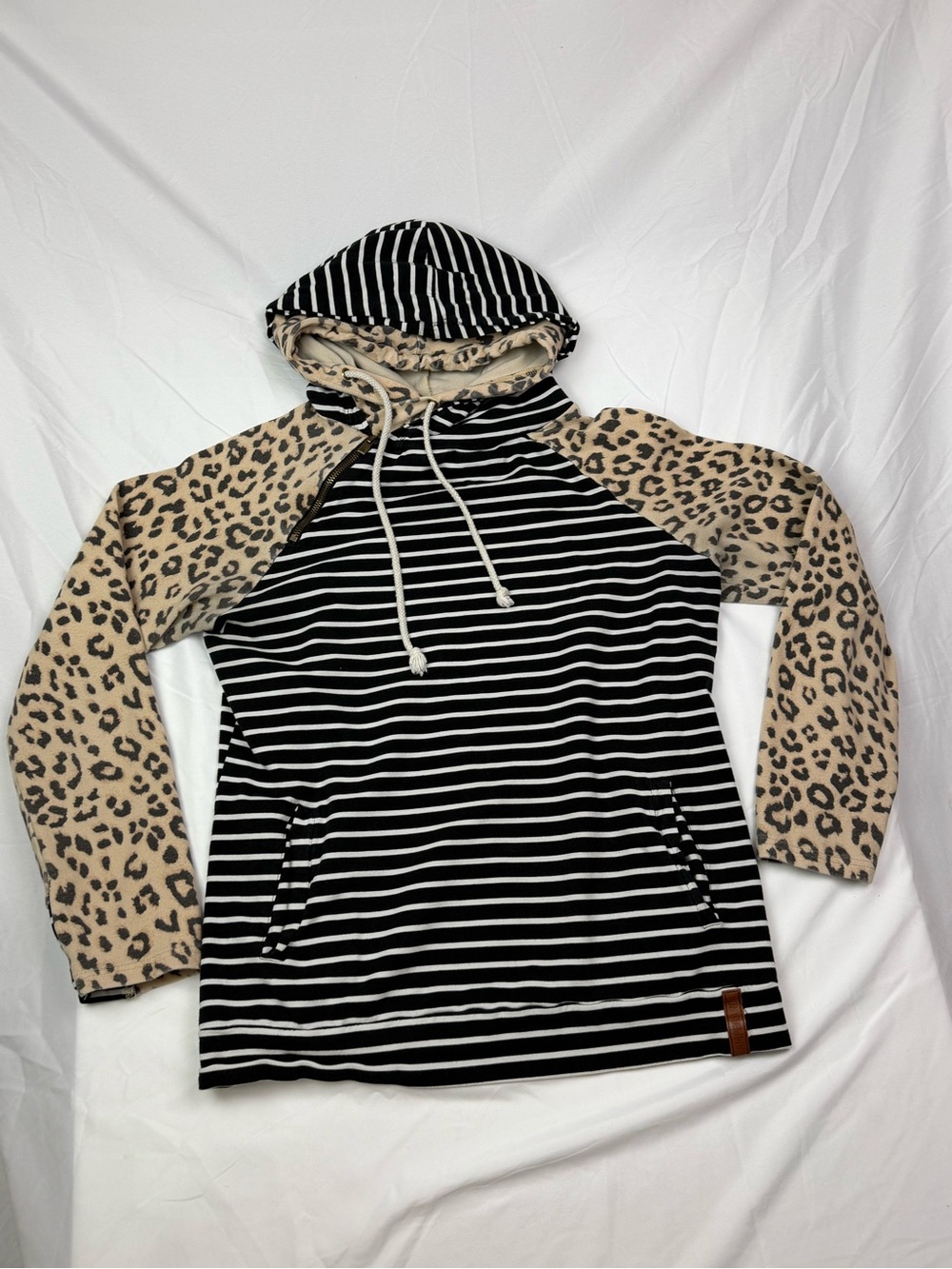 AMPERSAND AVE Black & White Striped Hoodie with Leopard-Print Sleeves